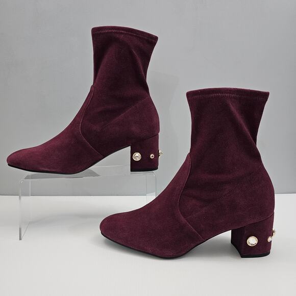 Stuart Weitzman Allshine Ankle Bootie Size 9 Wine Red Suede Sock Jewel Heel Fall - Picture 2 of 15